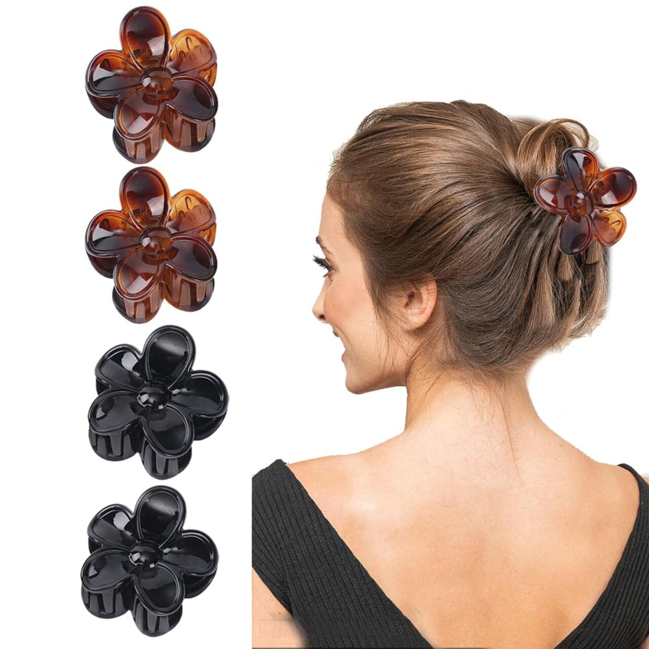 4PCS Flower Hair Claw Clips (Tortoise and Black (4 Pieces, Big)